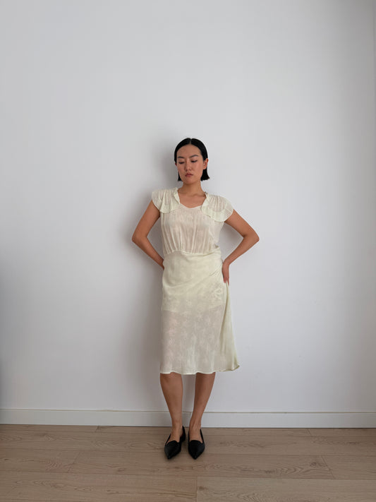 1940s Bow Mint Pale Green Silk Crepe Floral Print Dress, Romantic Ruffled Dress
