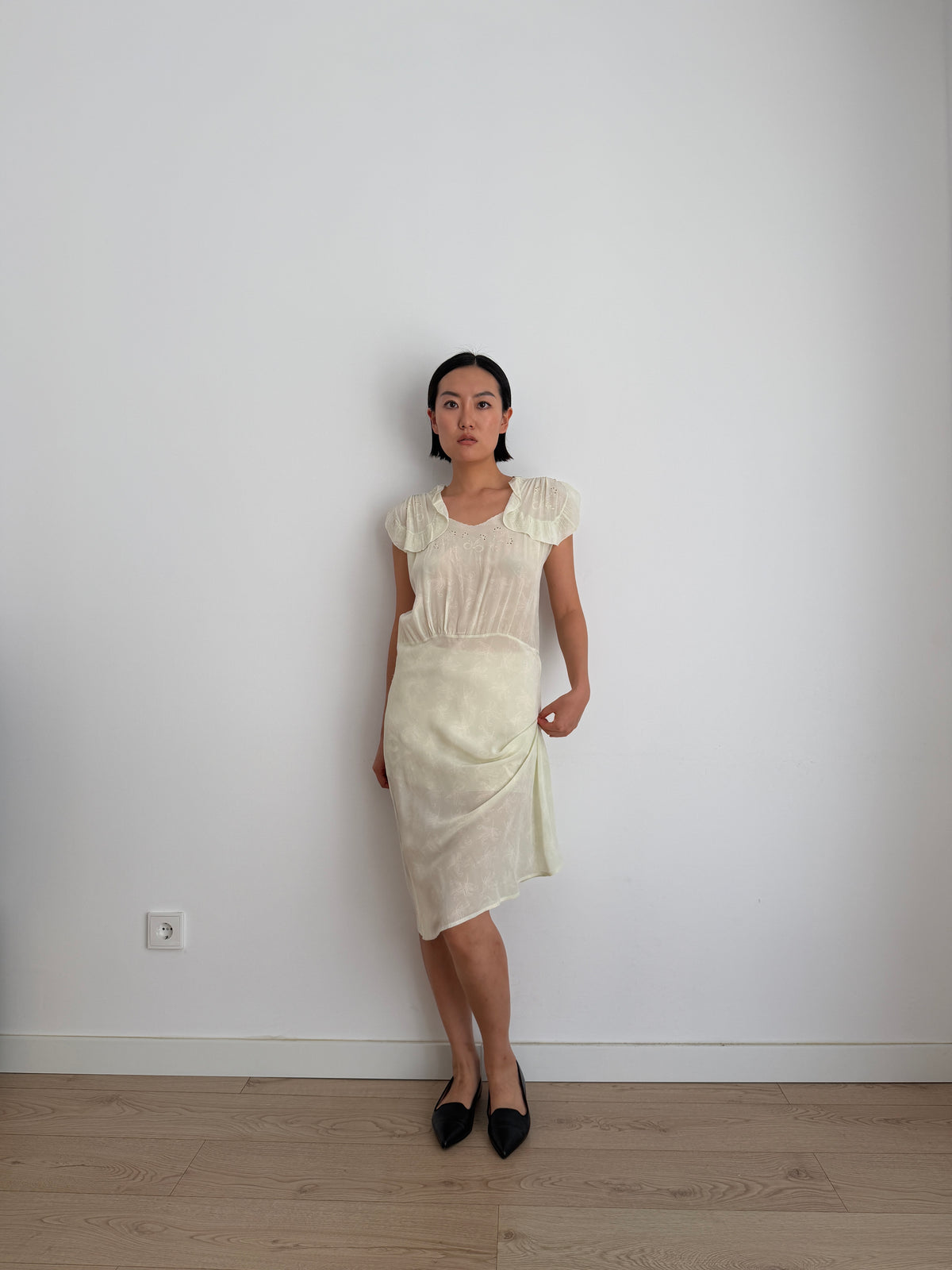 1940s Bow Mint Pale Green Silk Crepe Floral Print Dress, Romantic Ruffled Dress