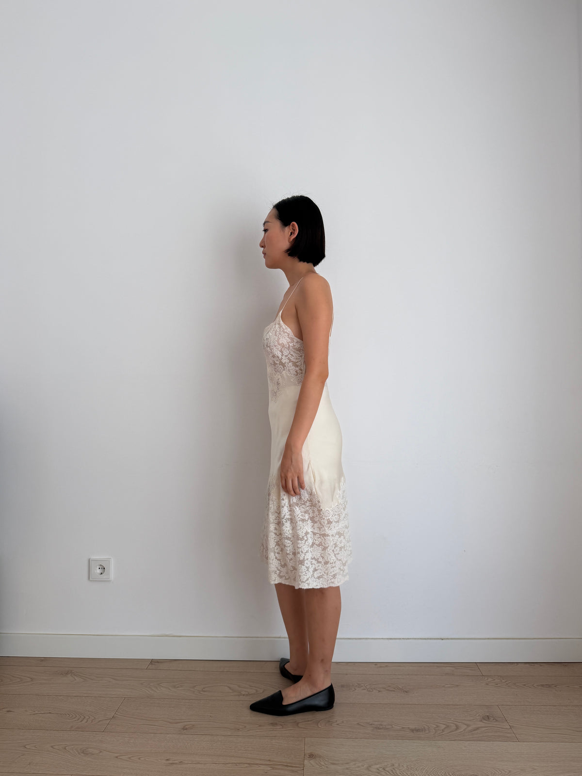 1930s Bridal Silk Heavy Lace Slip Dress, Romantic Floral Antique Embroidered Appliqué Dress
