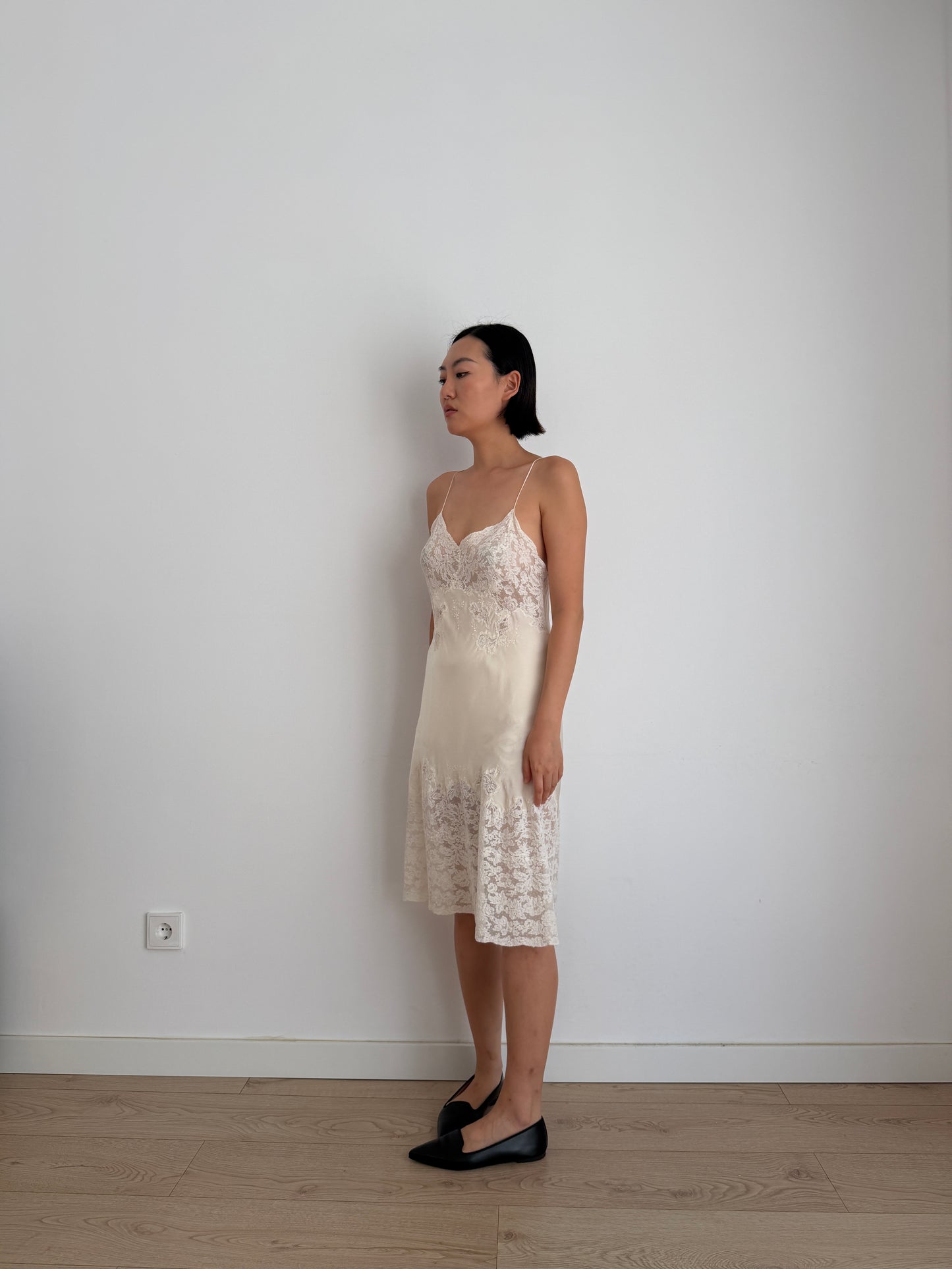 1930s Bridal Silk Heavy Lace Slip Dress, Romantic Floral Antique Embroidered Appliqué Dress