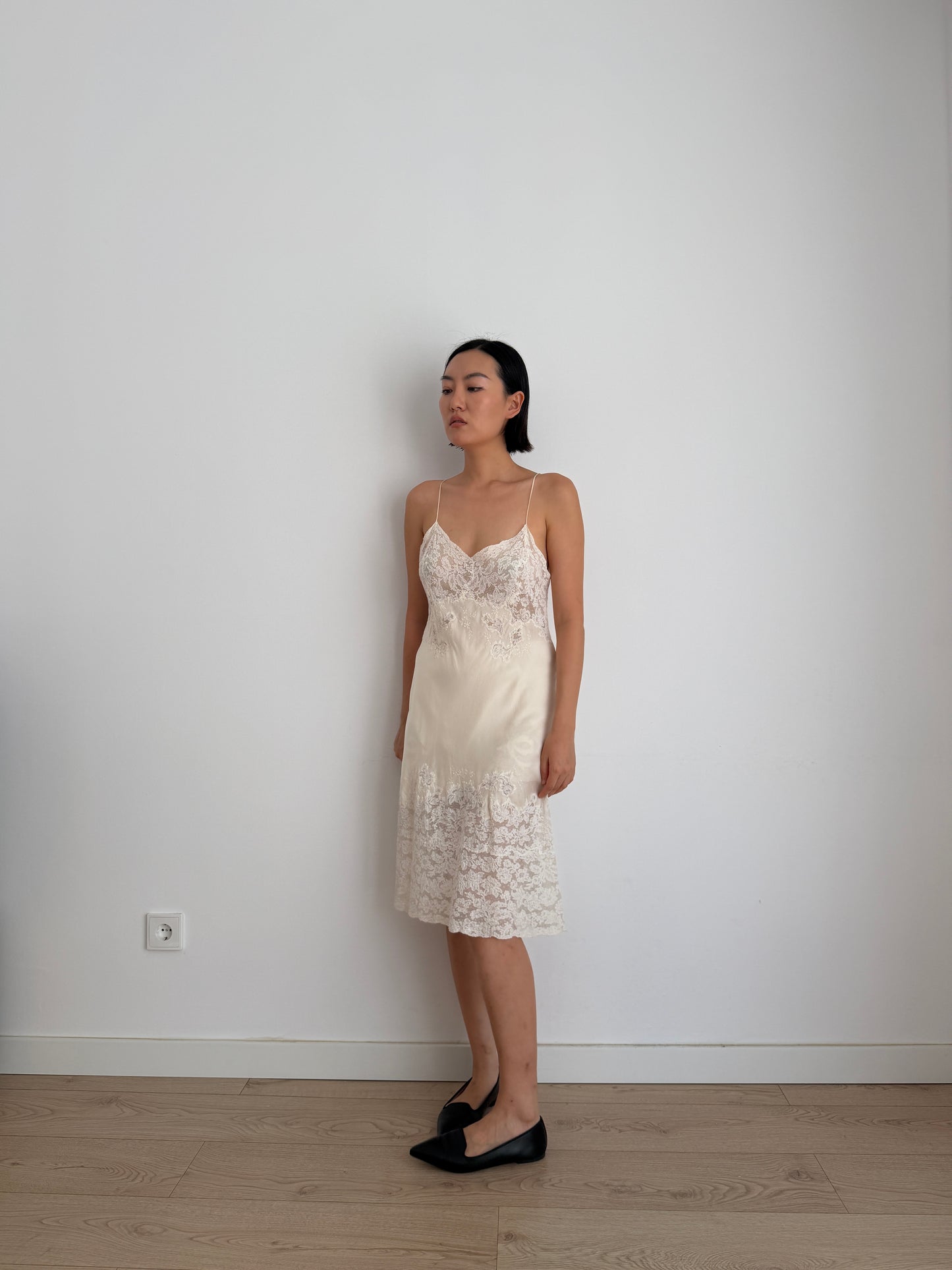 1930s Bridal Silk Heavy Lace Slip Dress, Romantic Floral Antique Embroidered Appliqué Dress