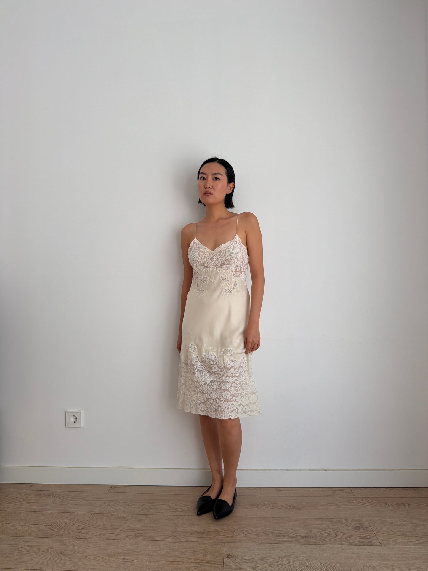 1930s Bridal Silk Heavy Lace Slip Dress, Romantic Floral Antique Embroidered Appliqué Dress