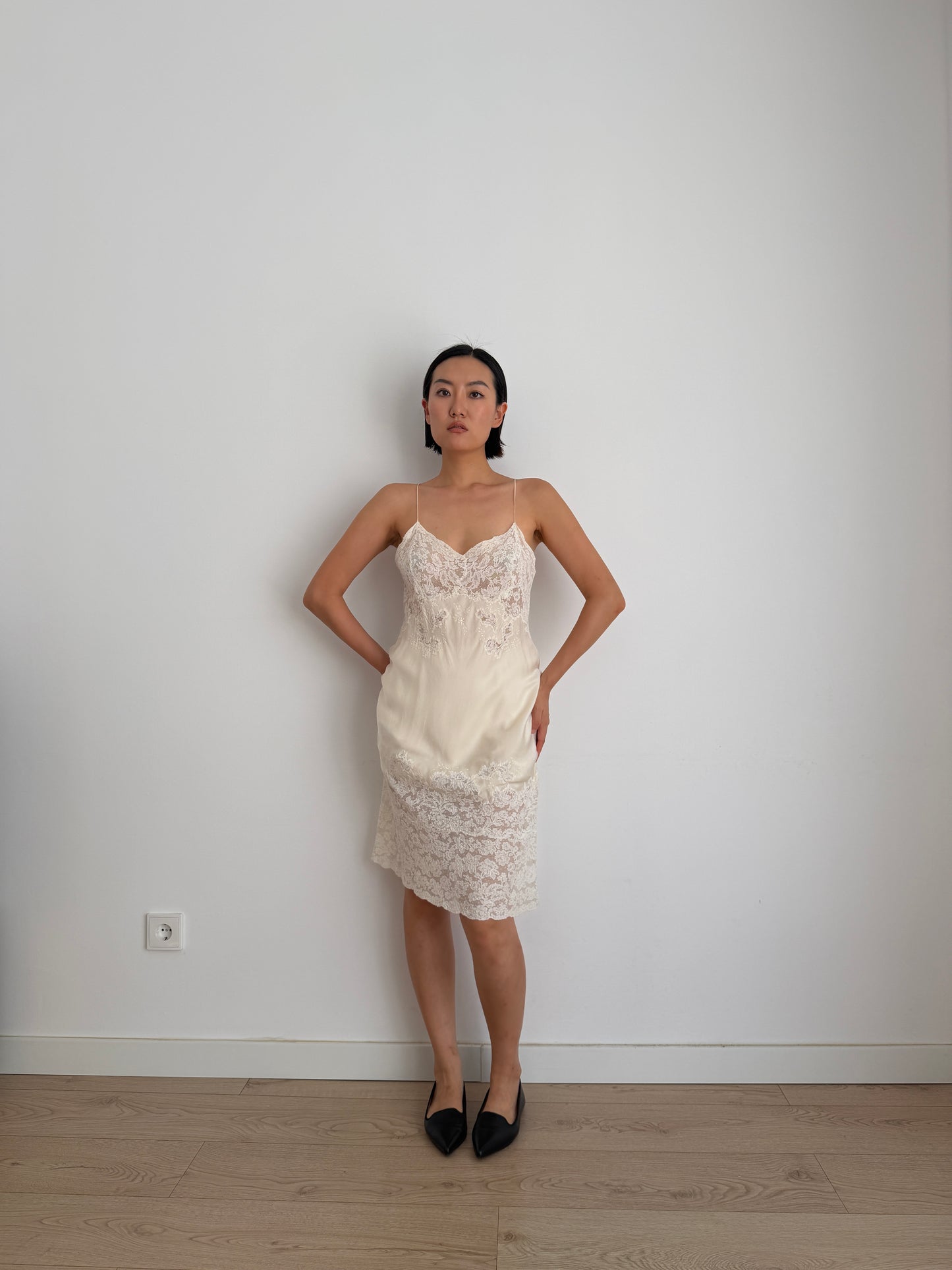 1930s Bridal Silk Heavy Lace Slip Dress, Romantic Floral Antique Embroidered Appliqué Dress
