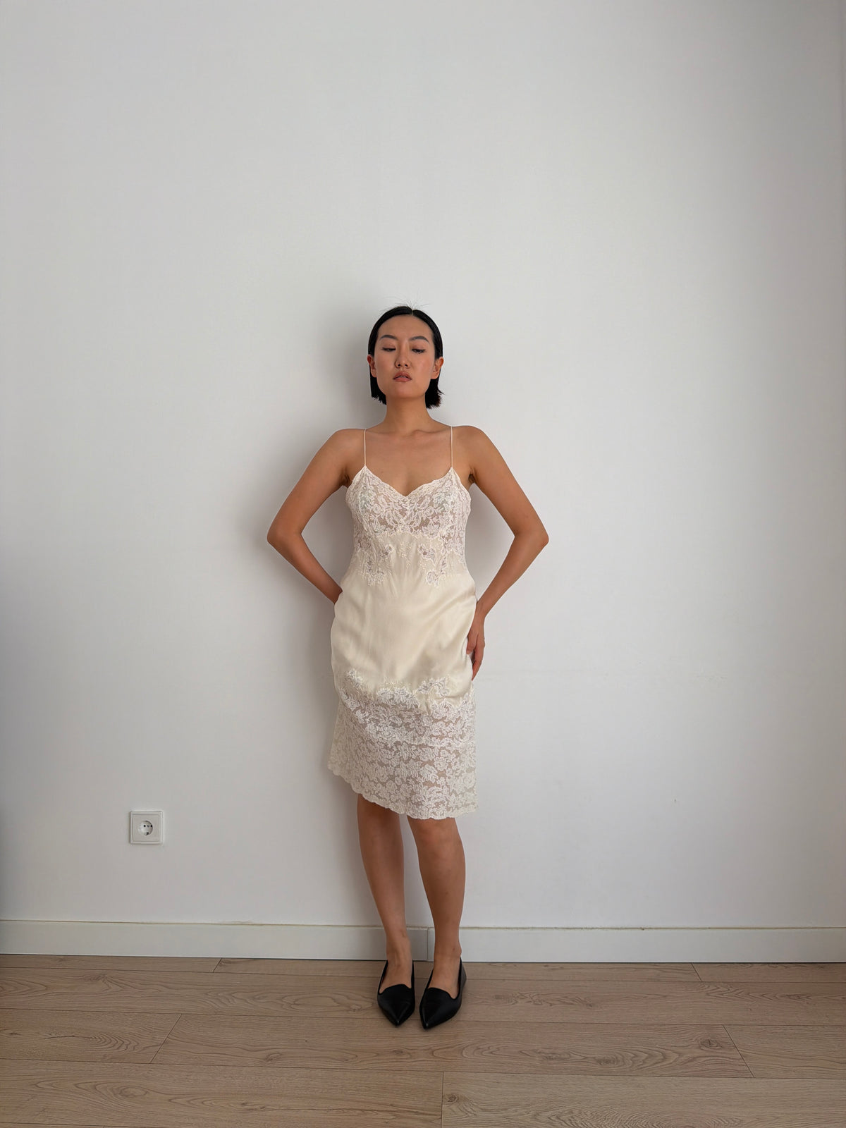 1930s Bridal Silk Heavy Lace Slip Dress, Romantic Floral Antique Embroidered Appliqué Dress
