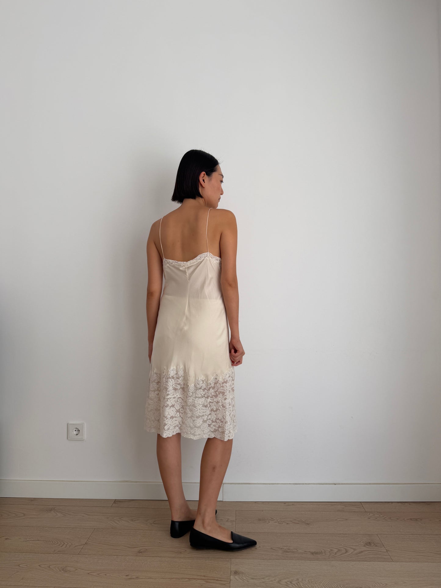 1930s Bridal Silk Heavy Lace Slip Dress, Romantic Floral Antique Embroidered Appliqué Dress