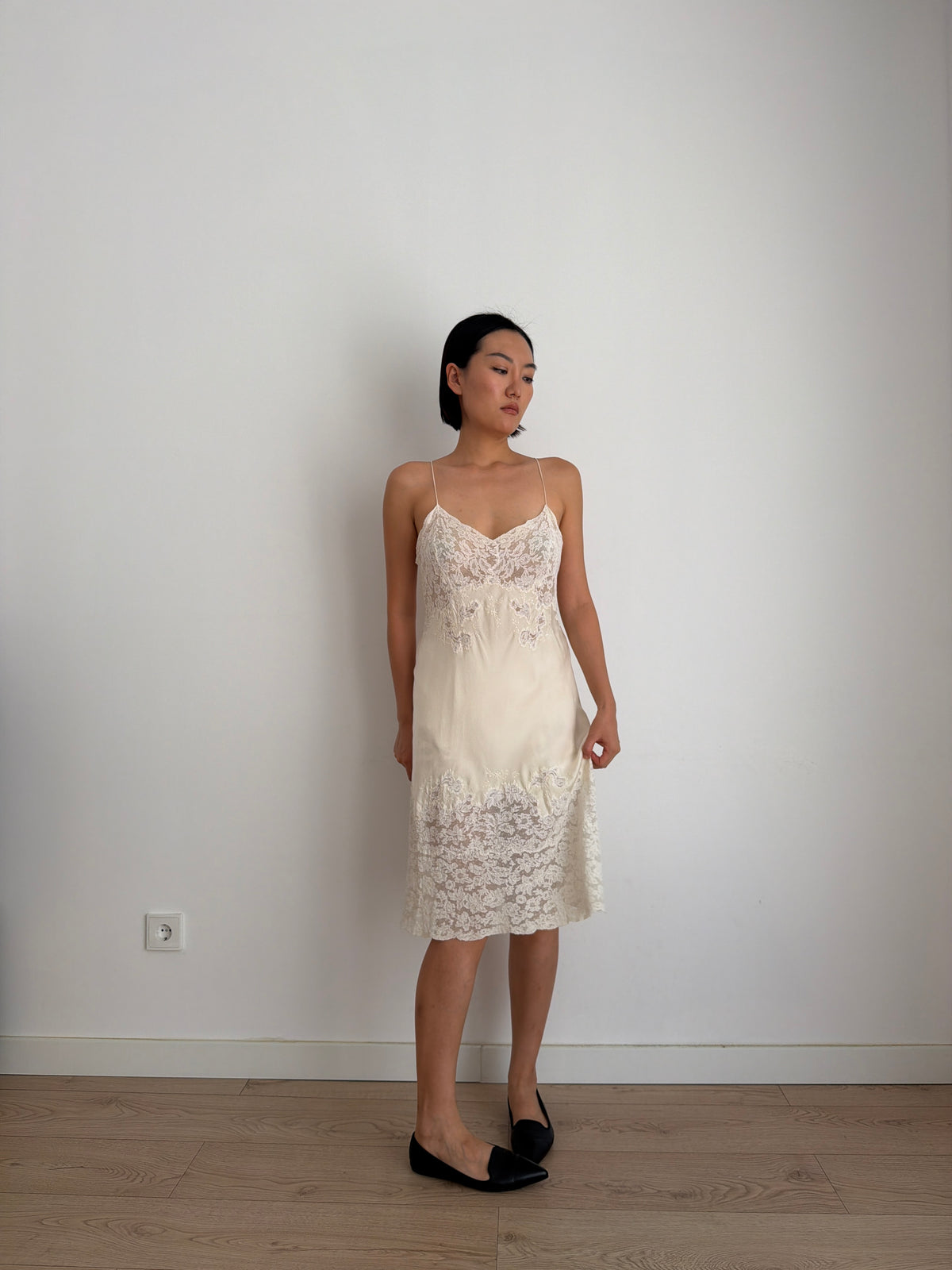 1930s Bridal Silk Heavy Lace Slip Dress, Romantic Floral Antique Embroidered Appliqué Dress