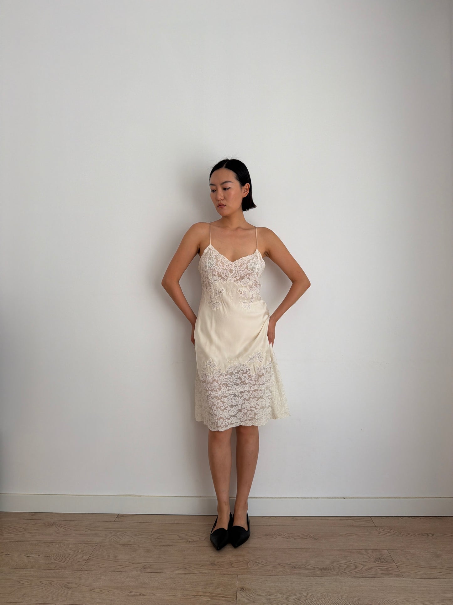 1930s Bridal Silk Heavy Lace Slip Dress, Romantic Floral Antique Embroidered Appliqué Dress