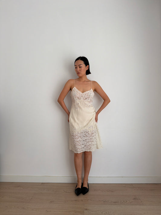 1930s Bridal Silk Heavy Lace Slip Dress, Romantic Floral Antique Embroidered Appliqué Dress