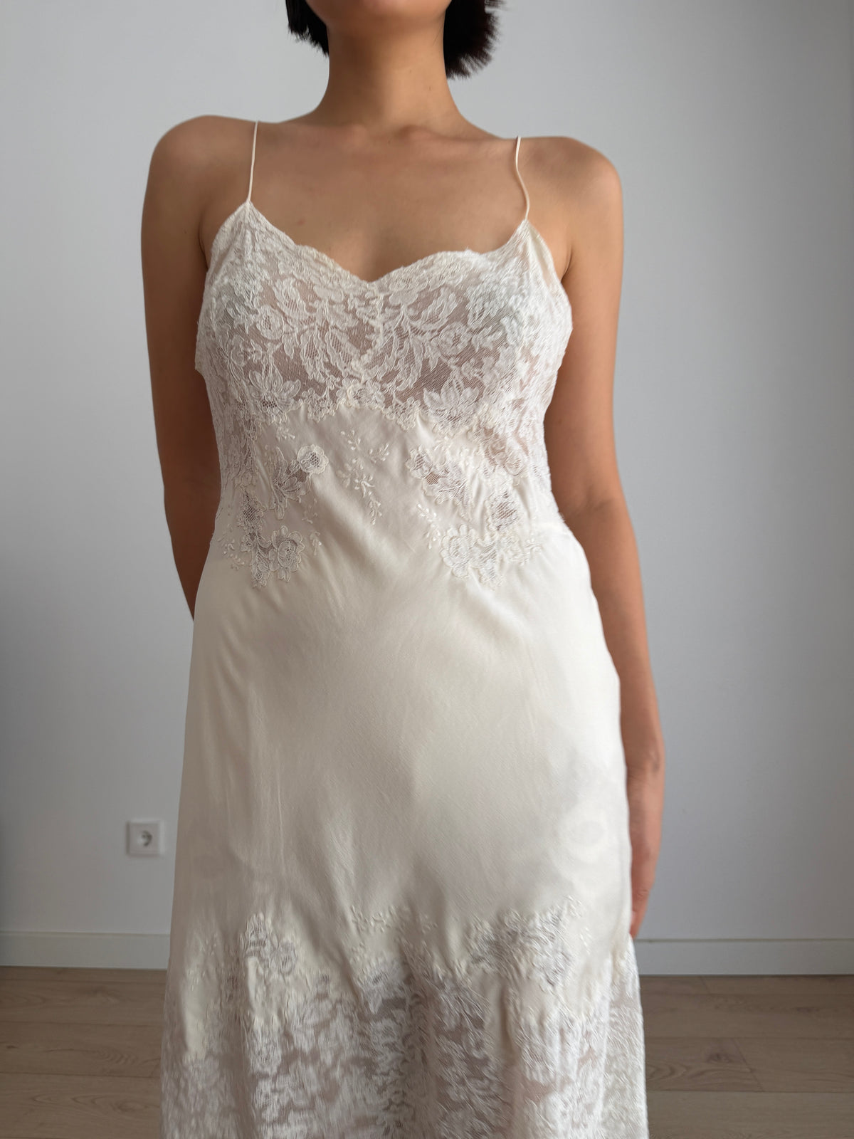 1930s Bridal Silk Heavy Lace Slip Dress, Romantic Floral Antique Embroidered Appliqué Dress