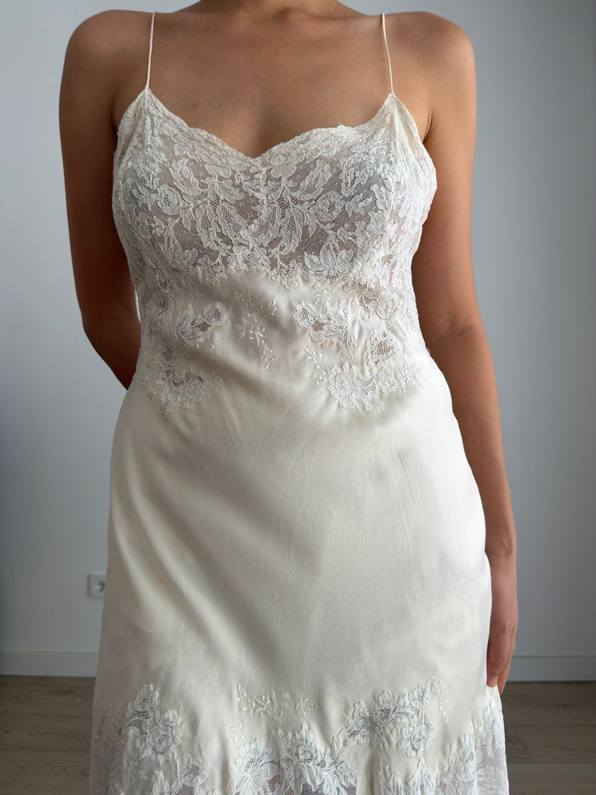 1930s Bridal Silk Heavy Lace Slip Dress, Romantic Floral Antique Embroidered Appliqué Dress