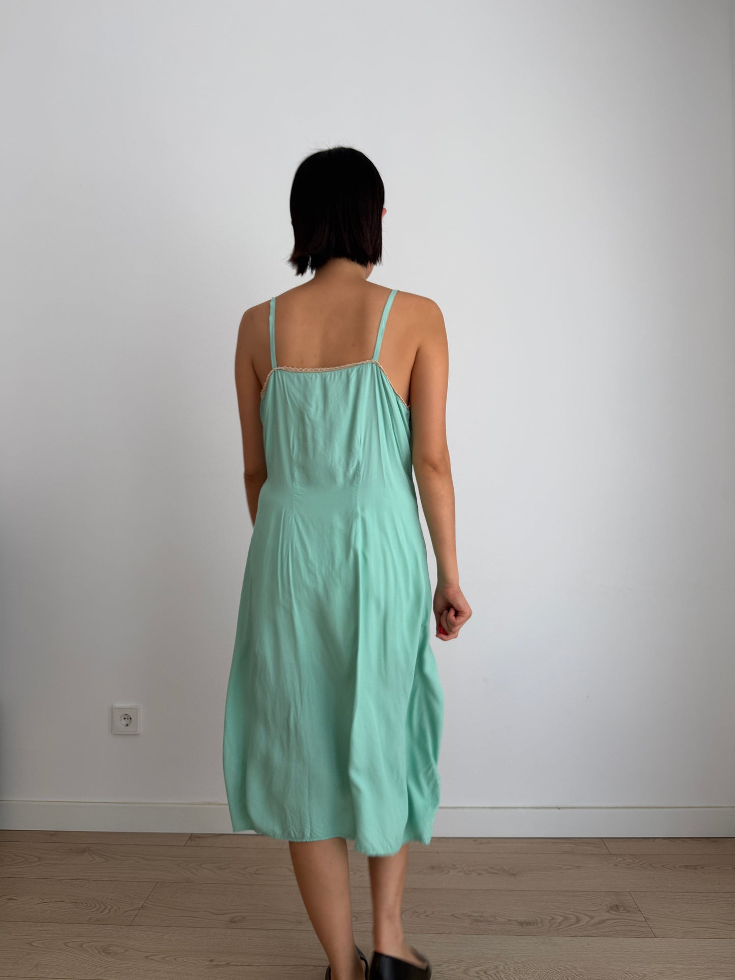 1950s Silk Green Turquoise Lace Floral Embroidered Slip Dress