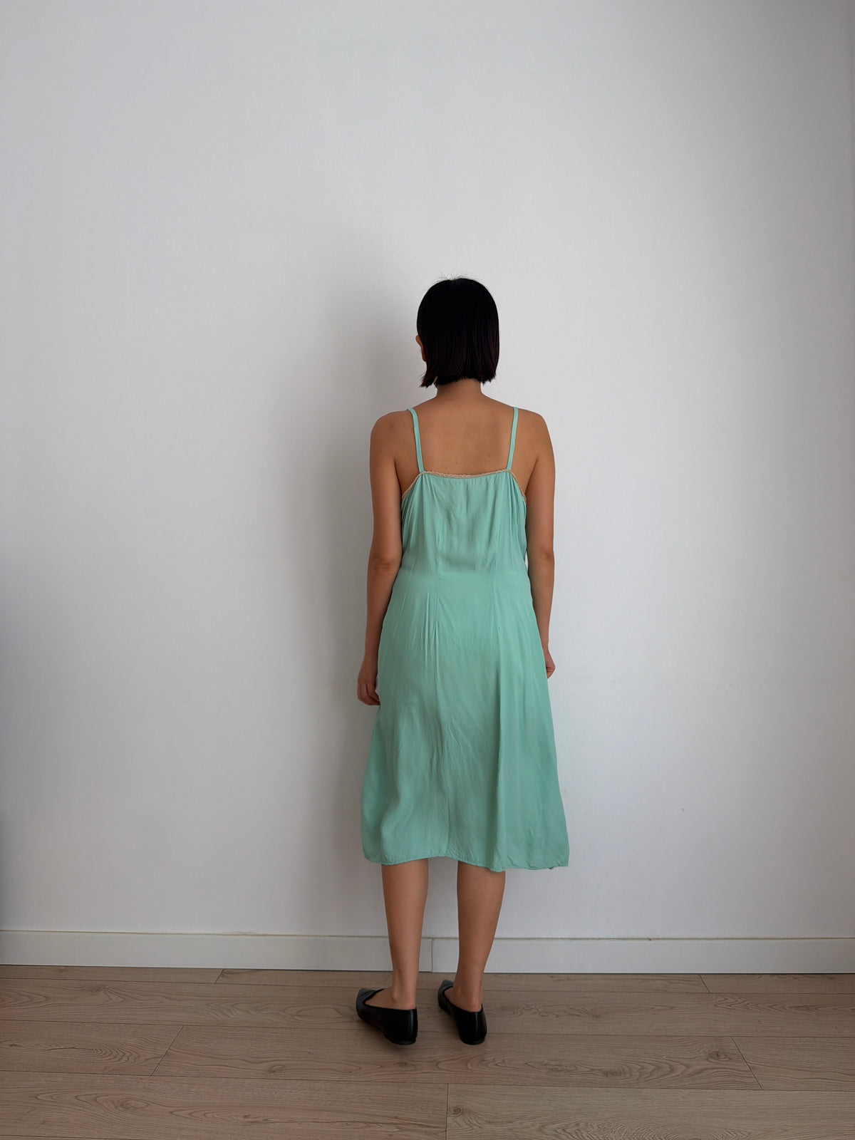 1950s Silk Green Turquoise Lace Floral Embroidered Slip Dress