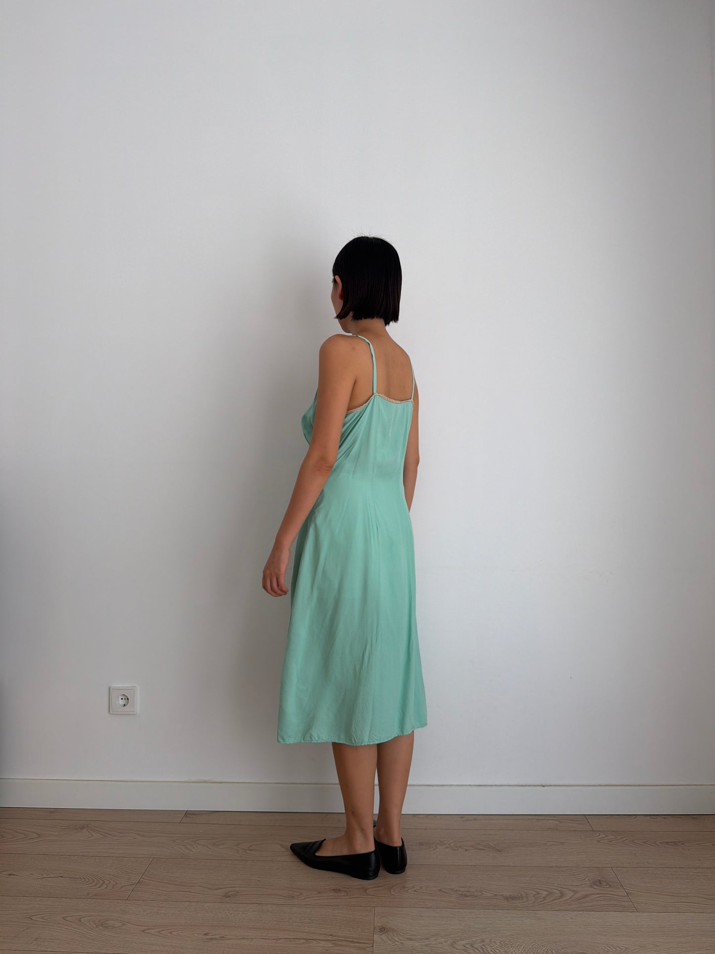 1950s Silk Green Turquoise Lace Floral Embroidered Slip Dress