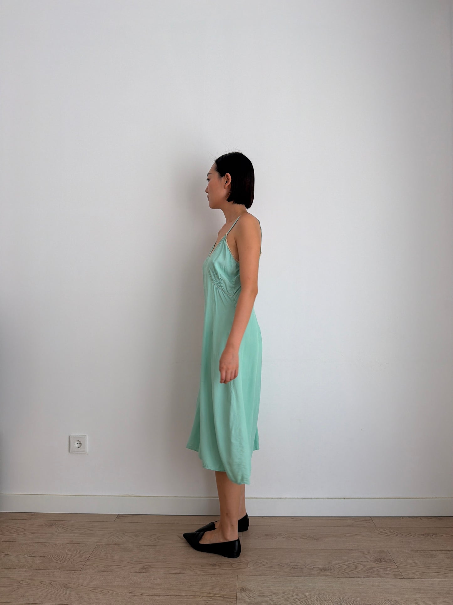 1950s Silk Green Turquoise Lace Floral Embroidered Slip Dress