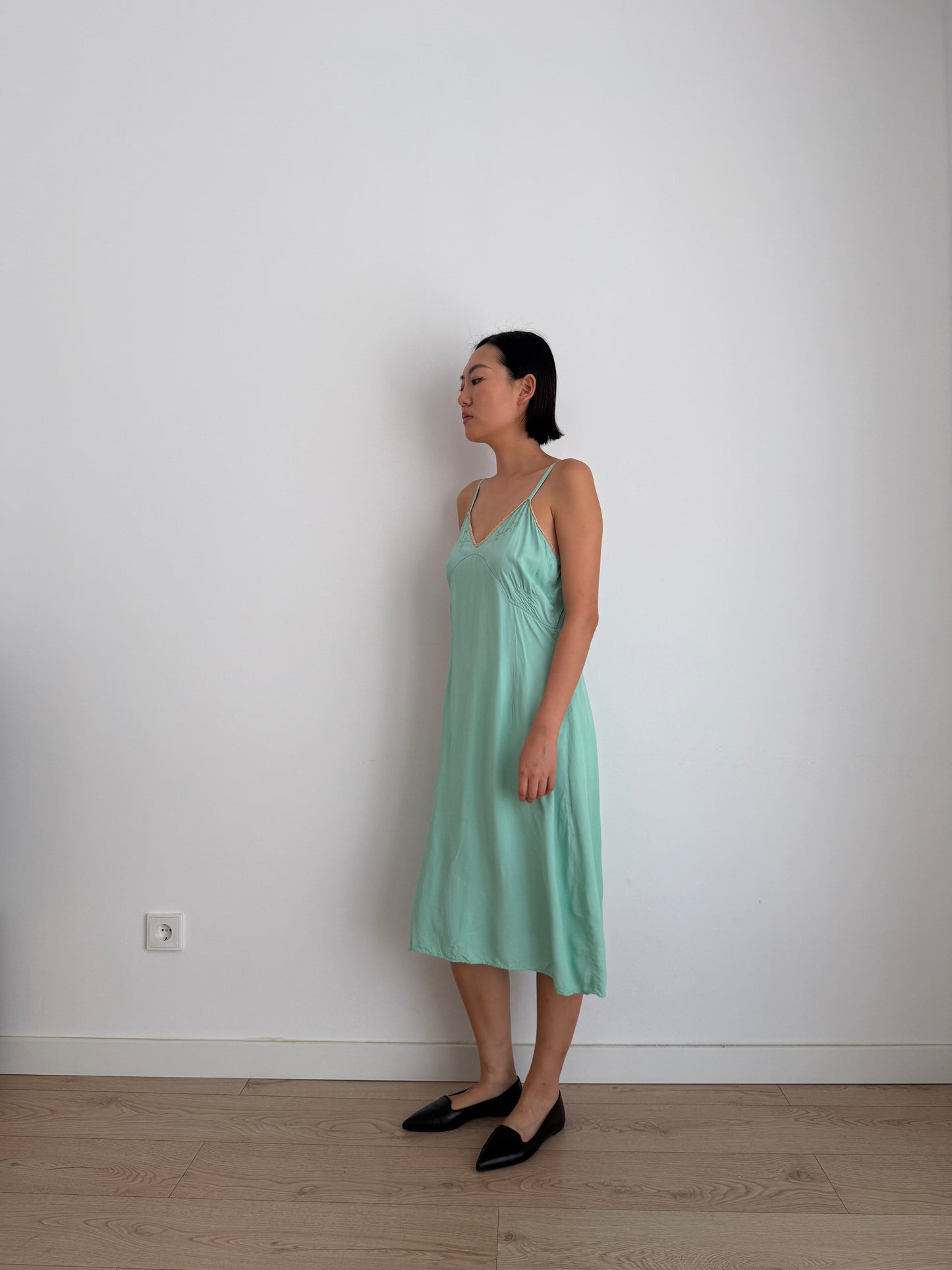 1950s Silk Green Turquoise Lace Floral Embroidered Slip Dress