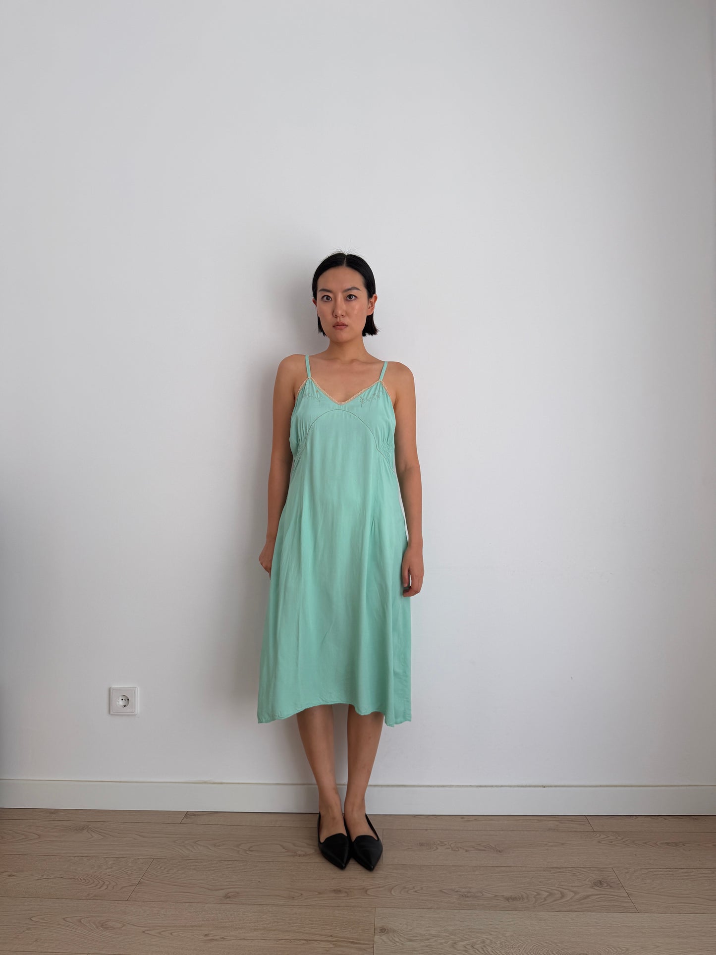 1950s Silk Green Turquoise Lace Floral Embroidered Slip Dress