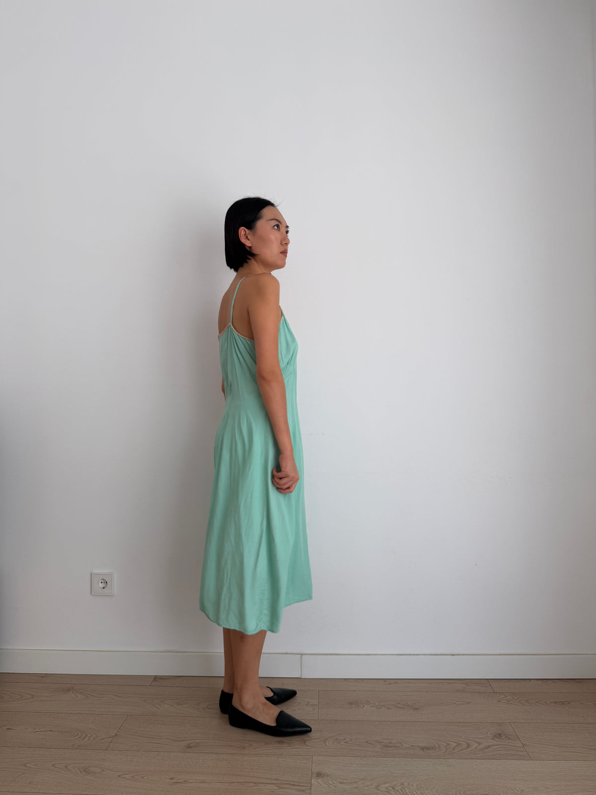 1950s Silk Green Turquoise Lace Floral Embroidered Slip Dress