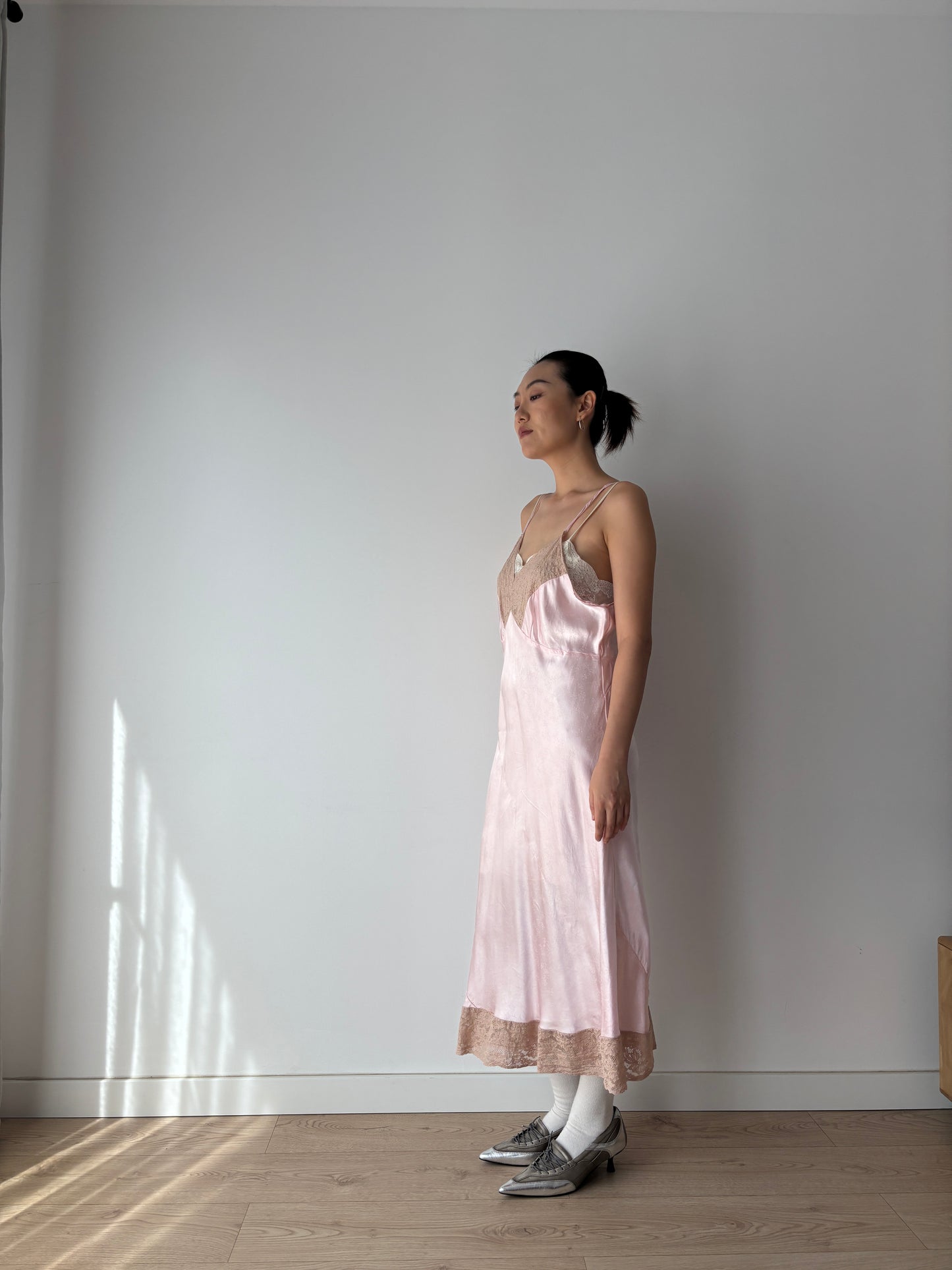 1950s Vintage Liquid Satin Slip Dress, Pink Print Camisole Nightdress with Lace Trim