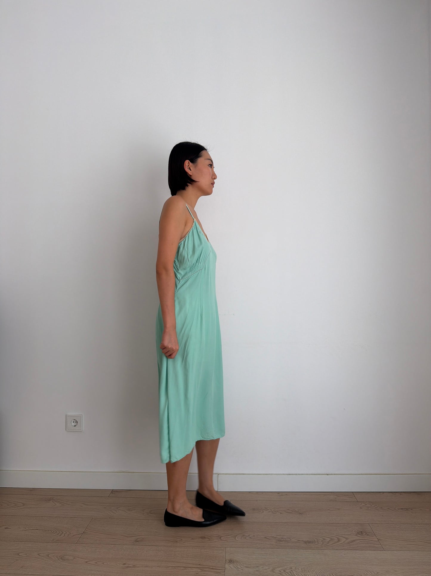 1950s Silk Green Turquoise Lace Floral Embroidered Slip Dress