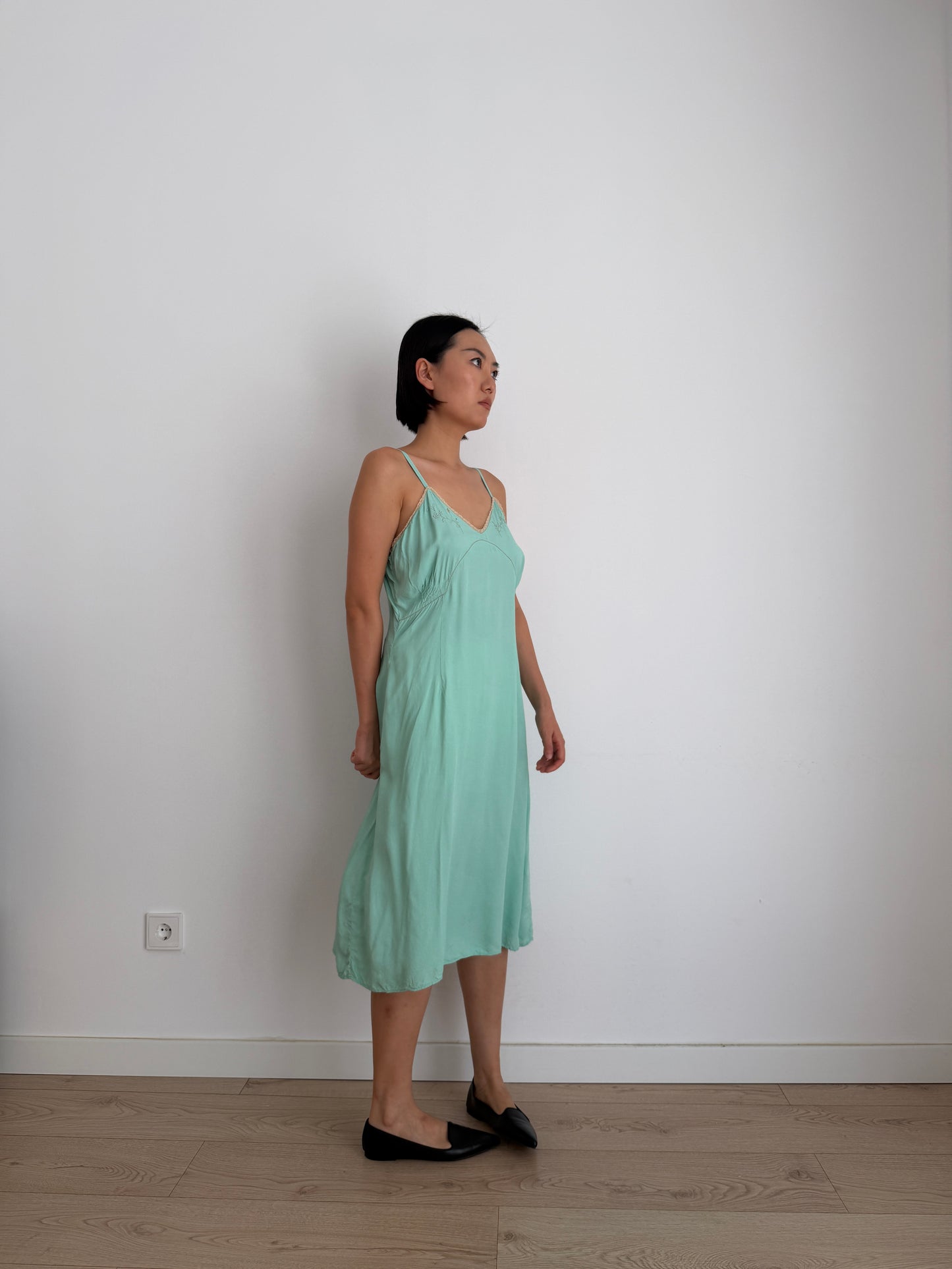 1950s Silk Green Turquoise Lace Floral Embroidered Slip Dress