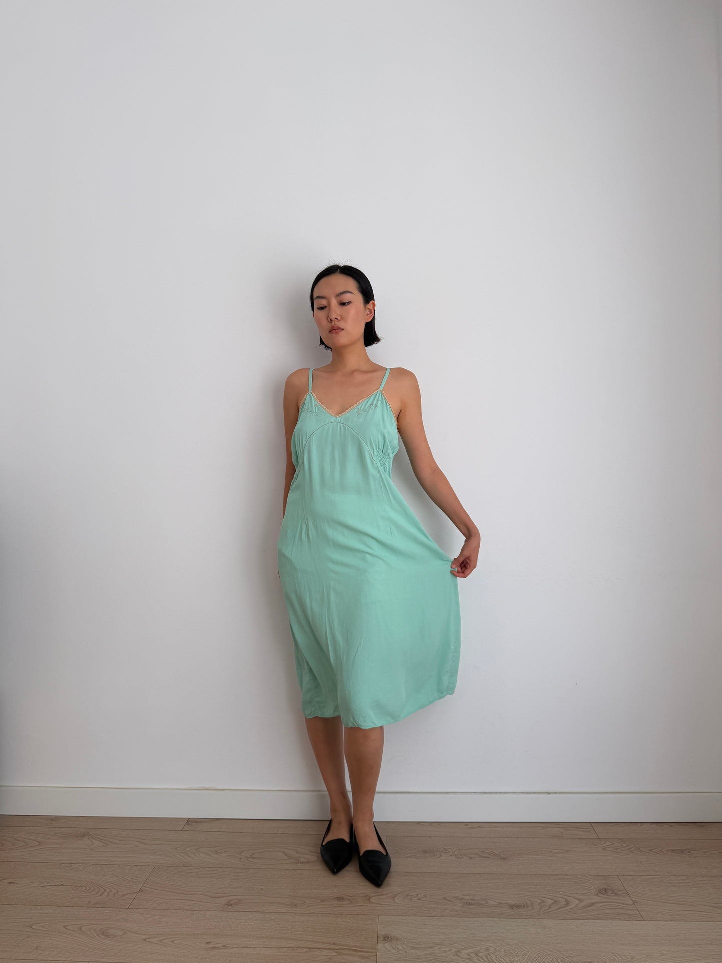 1950s Silk Green Turquoise Lace Floral Embroidered Slip Dress