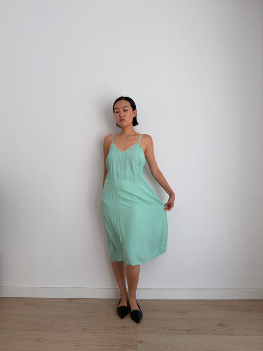 1950s Silk Green Turquoise Lace Floral Embroidered Slip Dress