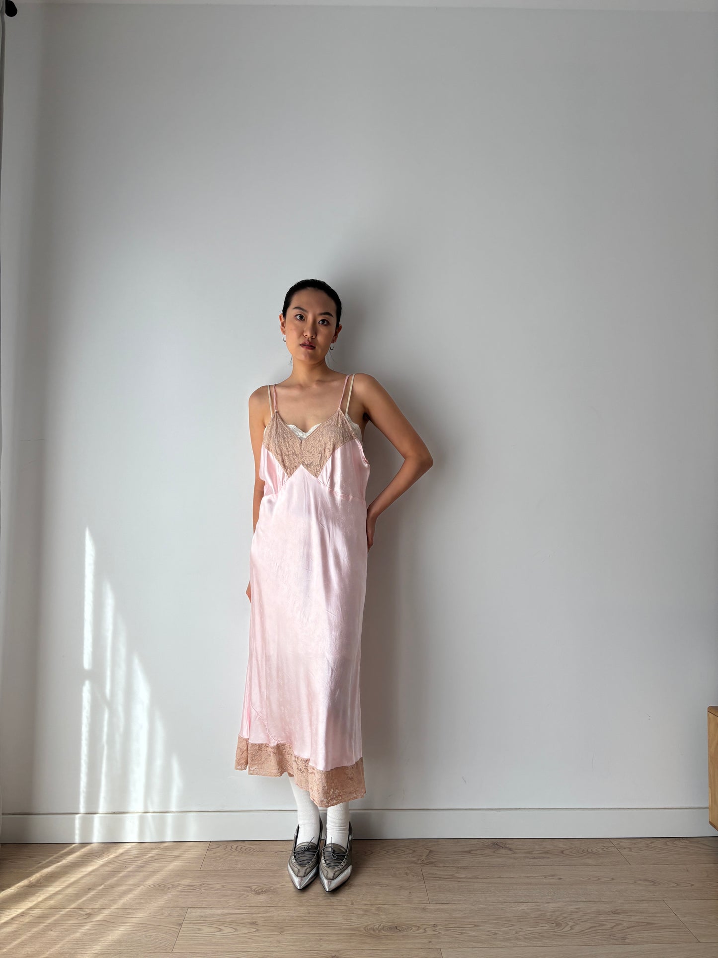 1950s Vintage Liquid Satin Slip Dress, Pink Print Camisole Nightdress with Lace Trim