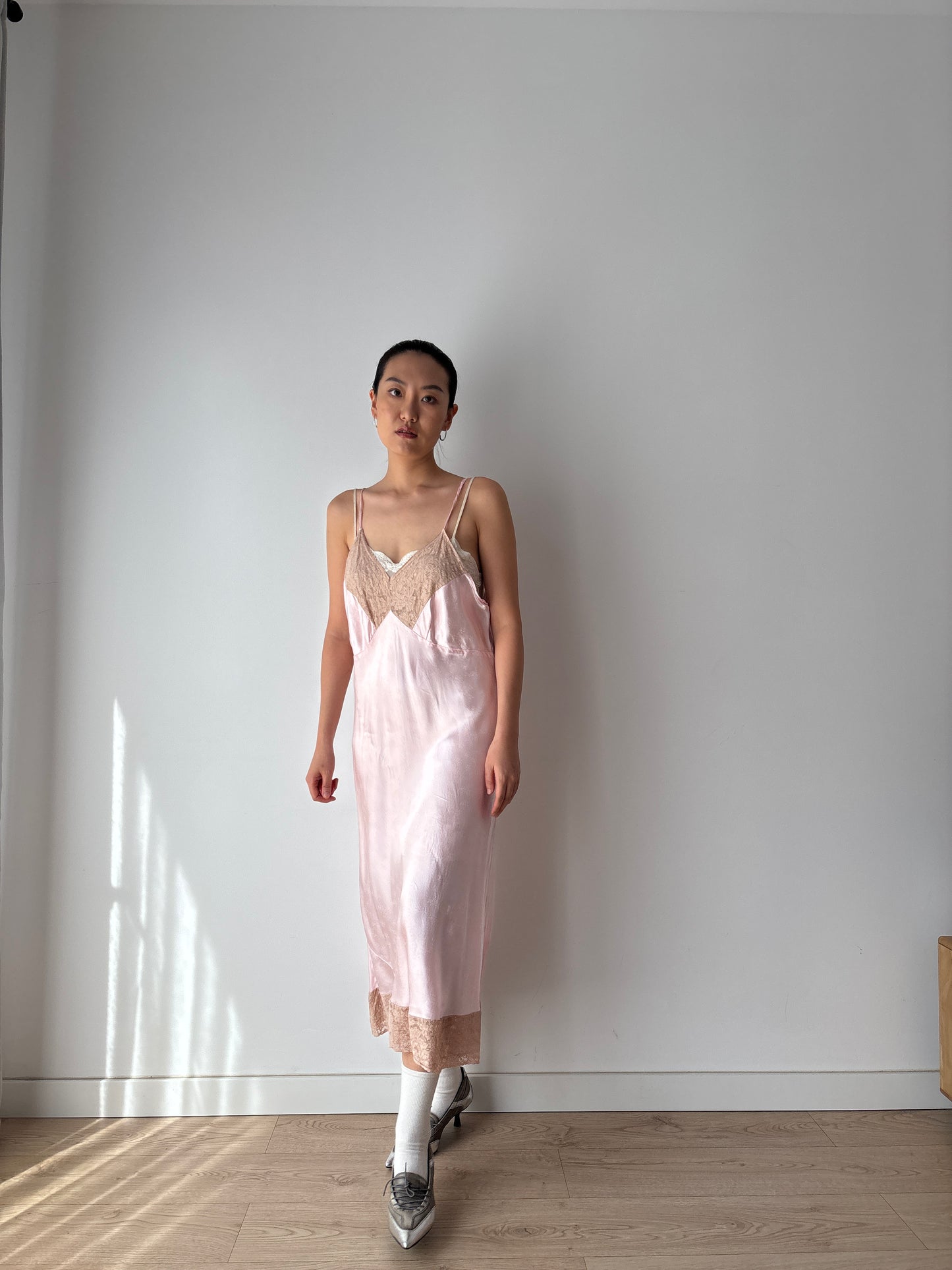 1950s Vintage Liquid Satin Slip Dress, Pink Print Camisole Nightdress with Lace Trim