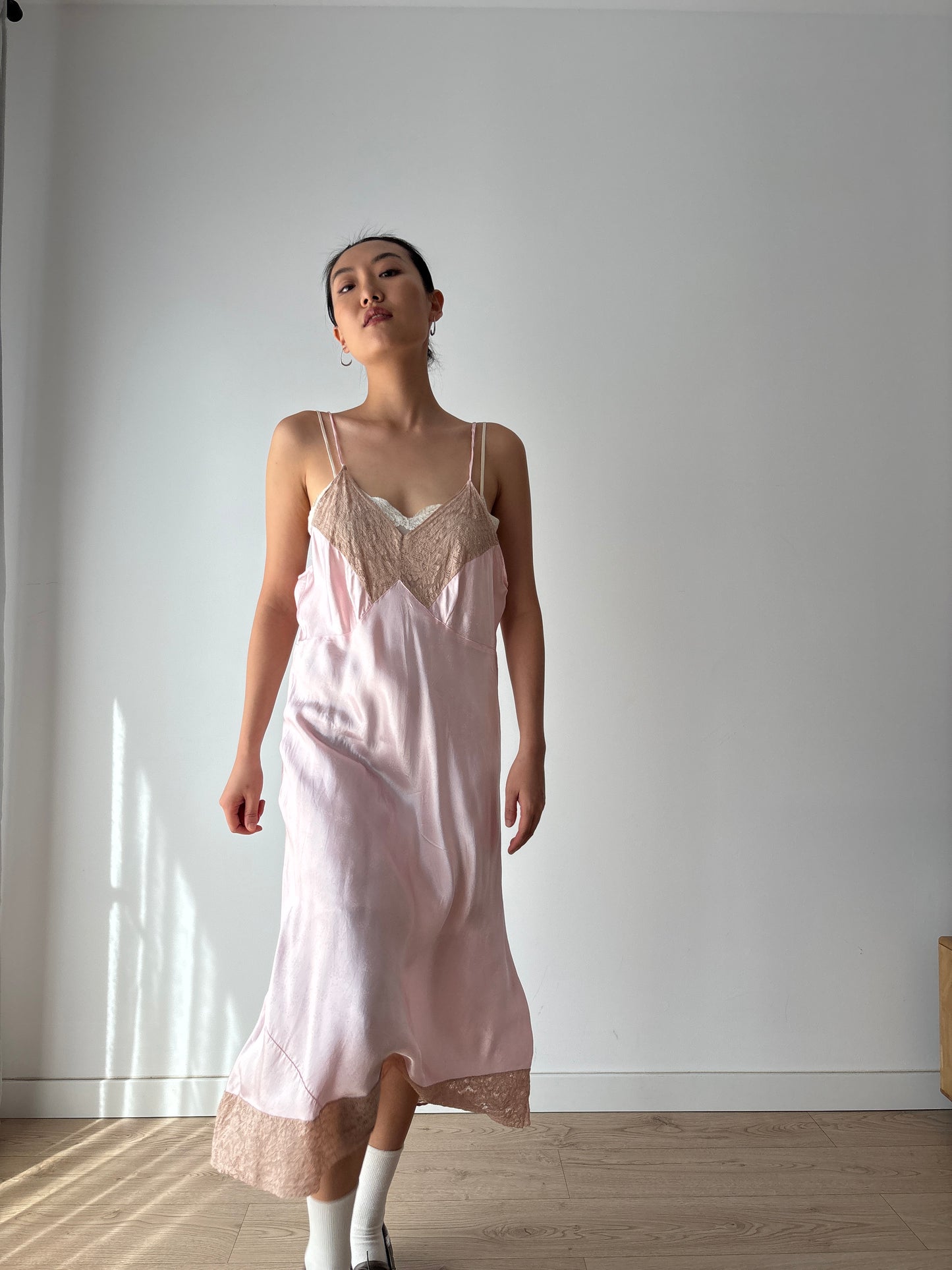 1950s Vintage Liquid Satin Slip Dress, Pink Print Camisole Nightdress with Lace Trim