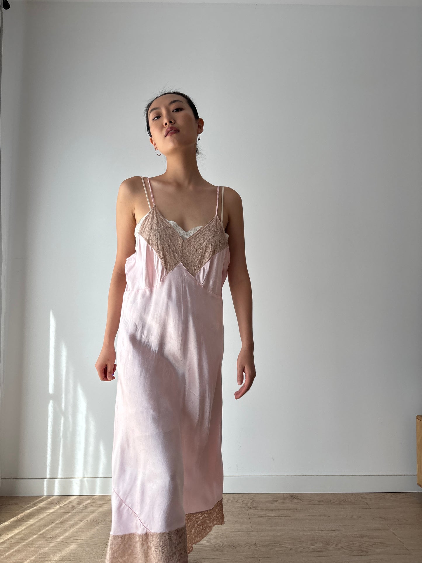 1950s Vintage Liquid Satin Slip Dress, Pink Print Camisole Nightdress with Lace Trim