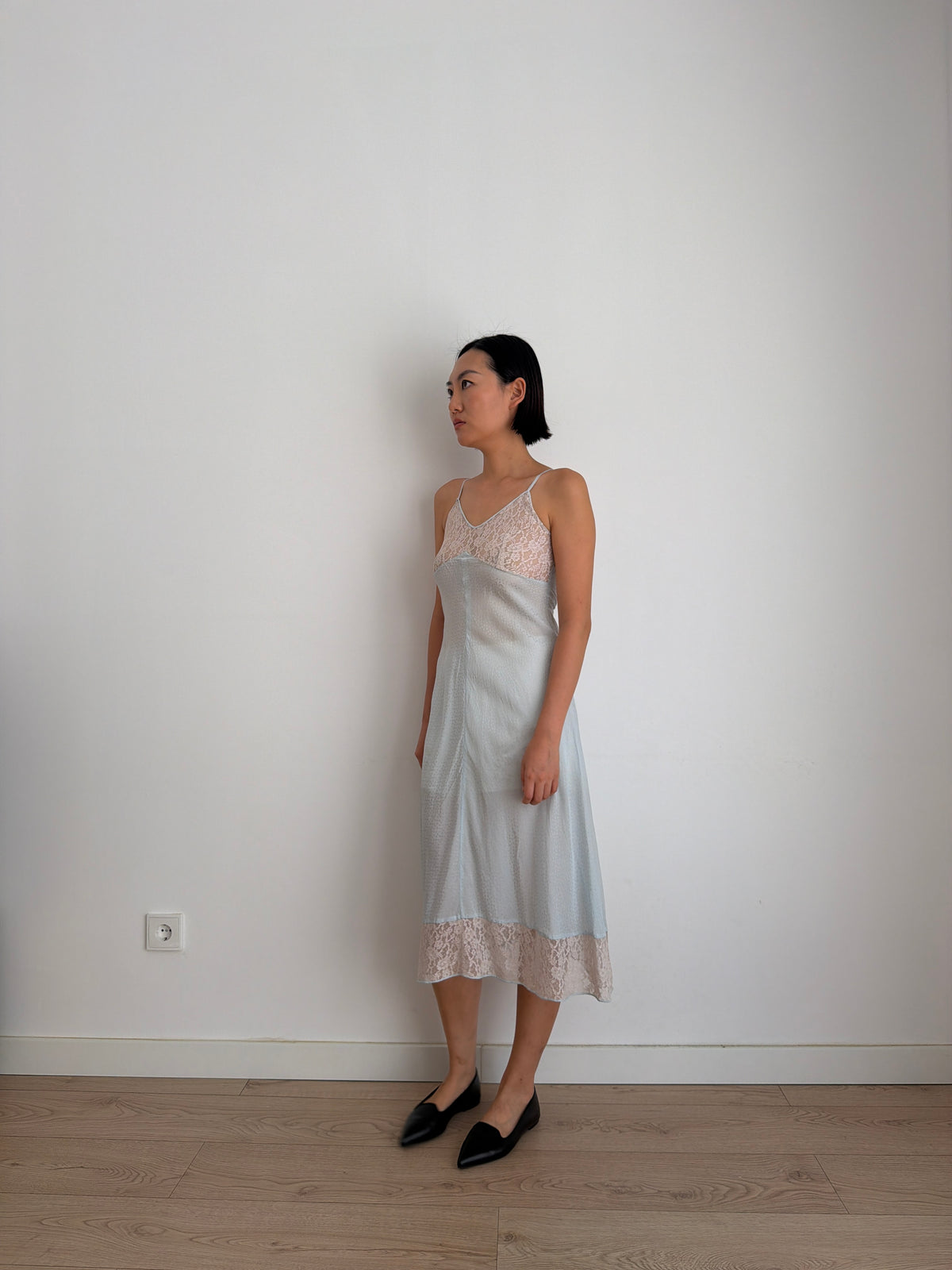 Lovely 1950s silk satin blue slip