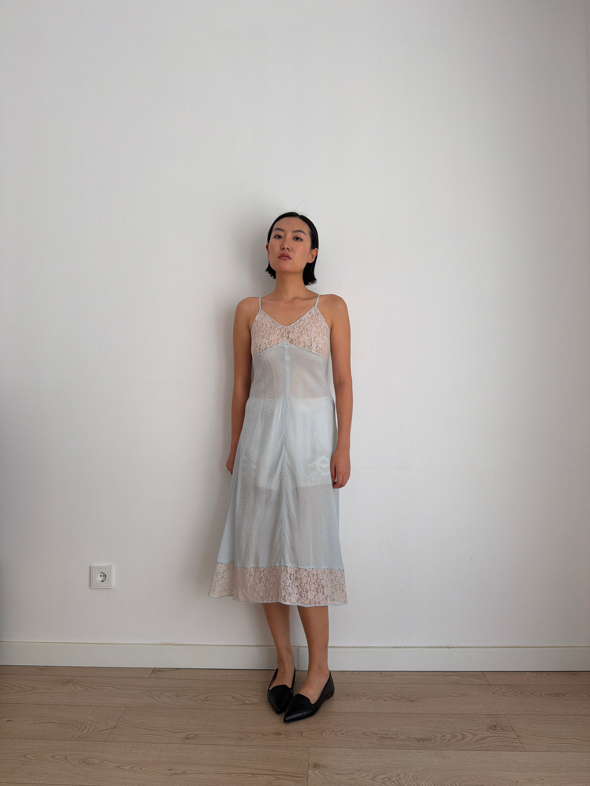 Lovely 1950s silk satin blue slip