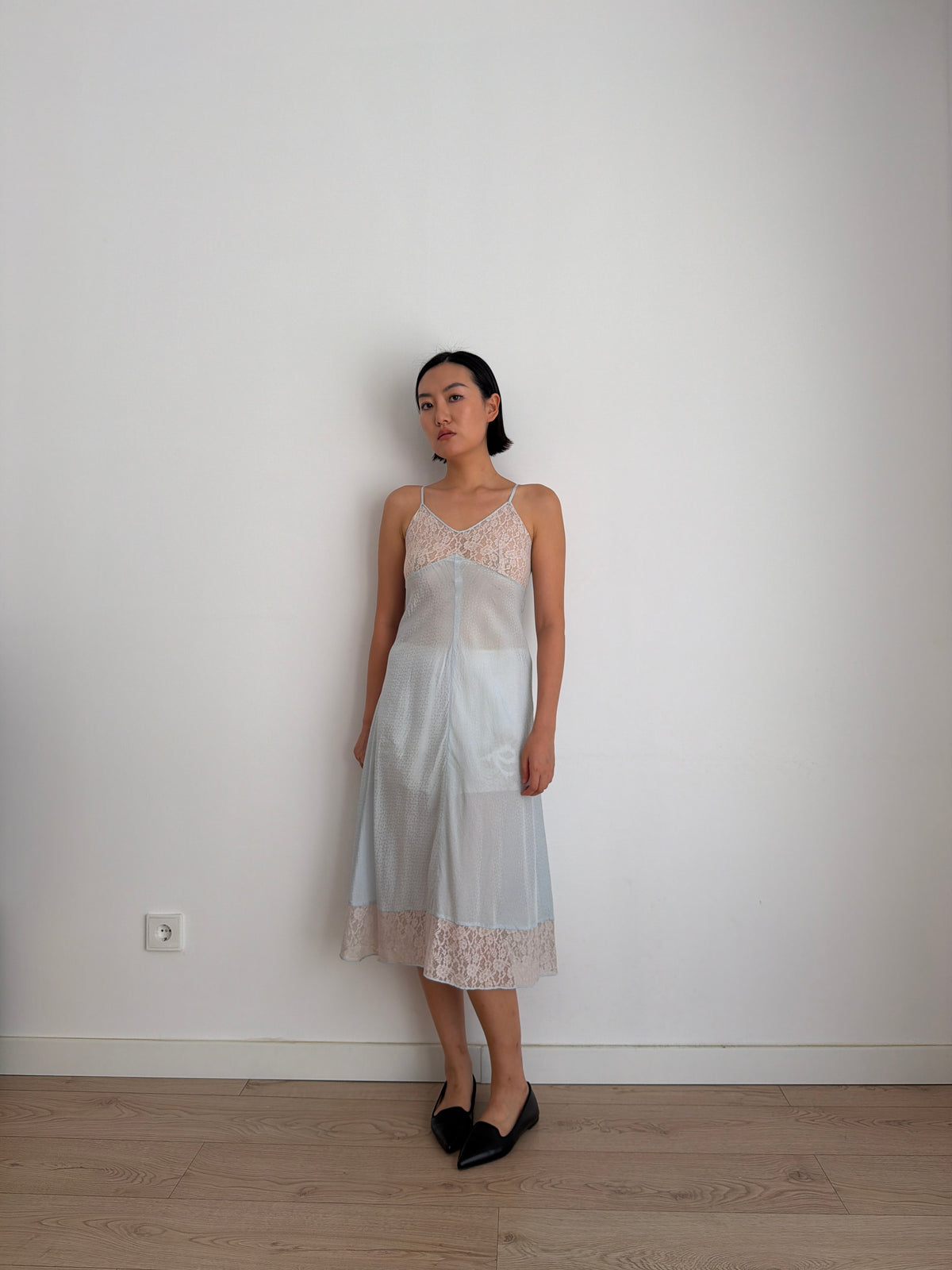 Lovely 1950s silk satin blue slip