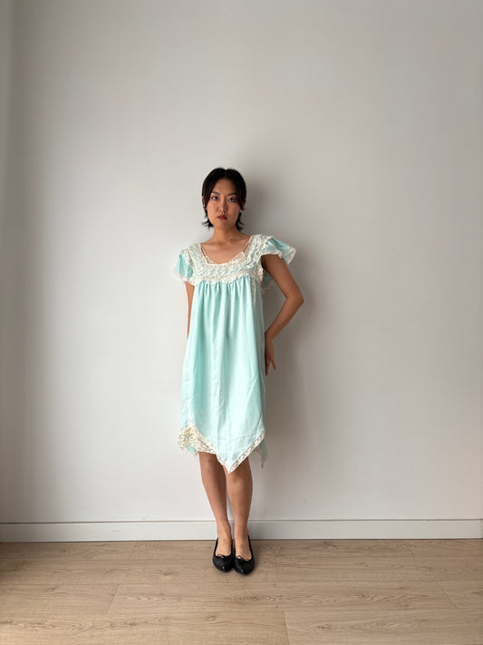Vintage Blue Silk Lace Camisole Slip Dress, 30s French Cottagecore Nightgown