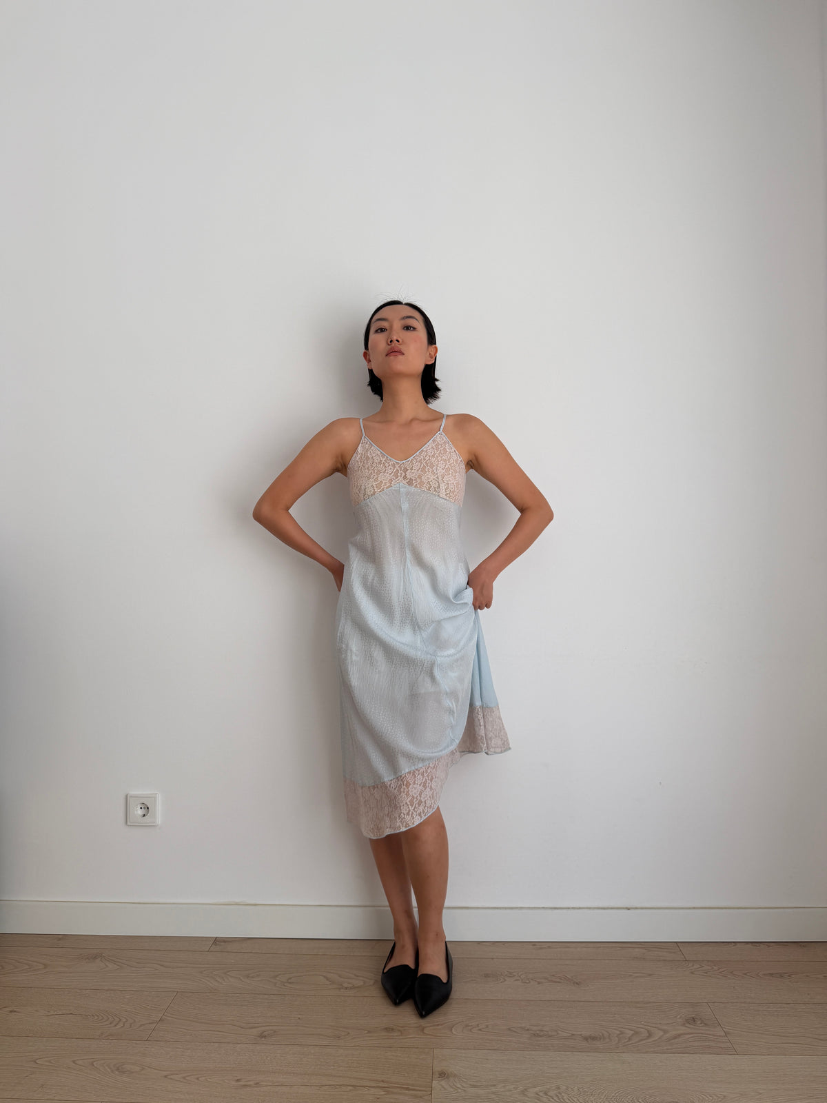 Lovely 1950s silk satin blue slip