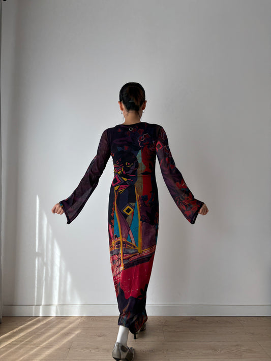 1990s Vintage Y2K Save The Queen Long Sleeves Maxi Dress in Size M