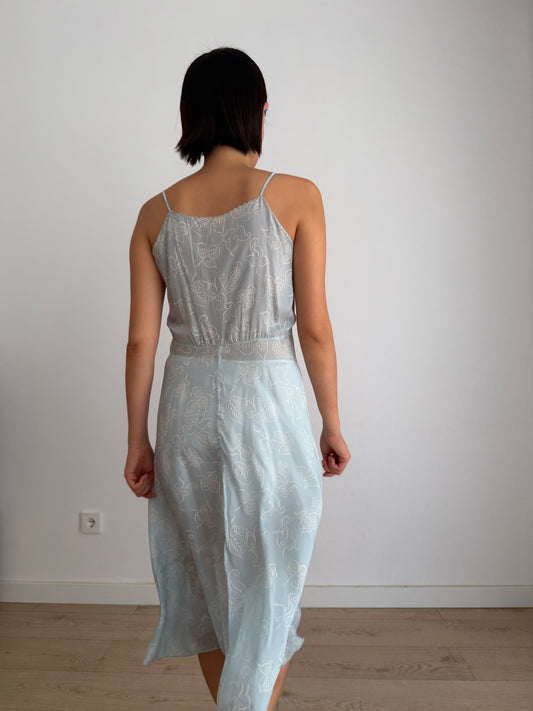 1930s Blue Silk Slip Dress, Sheer Floral Print Bias Cut Midi Dress