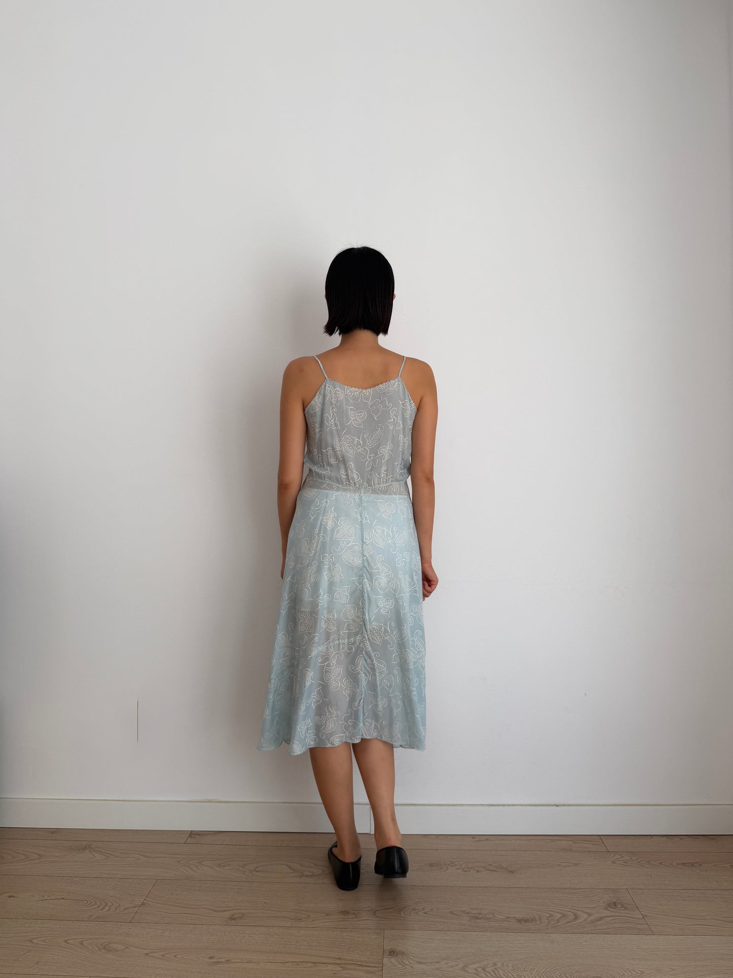 1930s Blue Silk Slip Dress, Sheer Floral Print Bias Cut Midi Dress