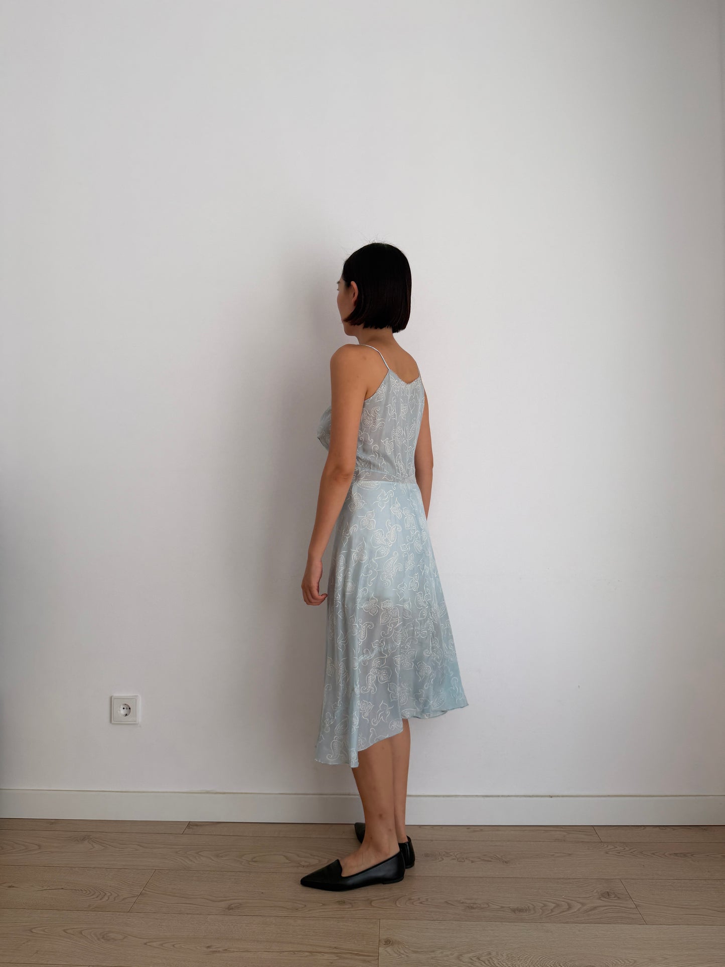 1930s Blue Silk Slip Dress, Sheer Floral Print Bias Cut Midi Dress