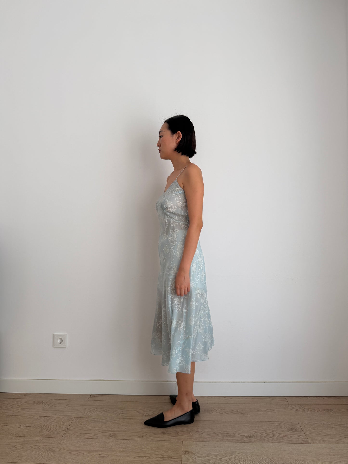 1930s Blue Silk Slip Dress, Sheer Floral Print Bias Cut Midi Dress