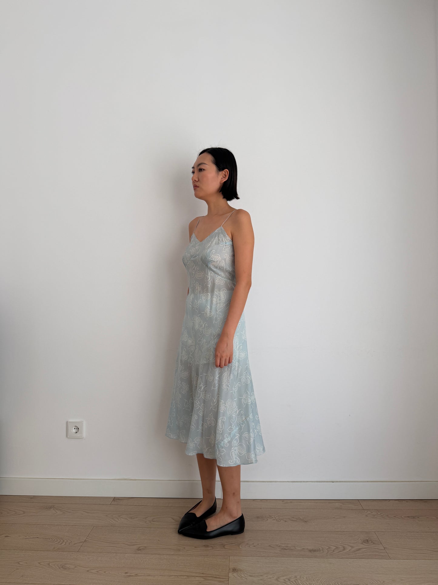 1930s Blue Silk Slip Dress, Sheer Floral Print Bias Cut Midi Dress