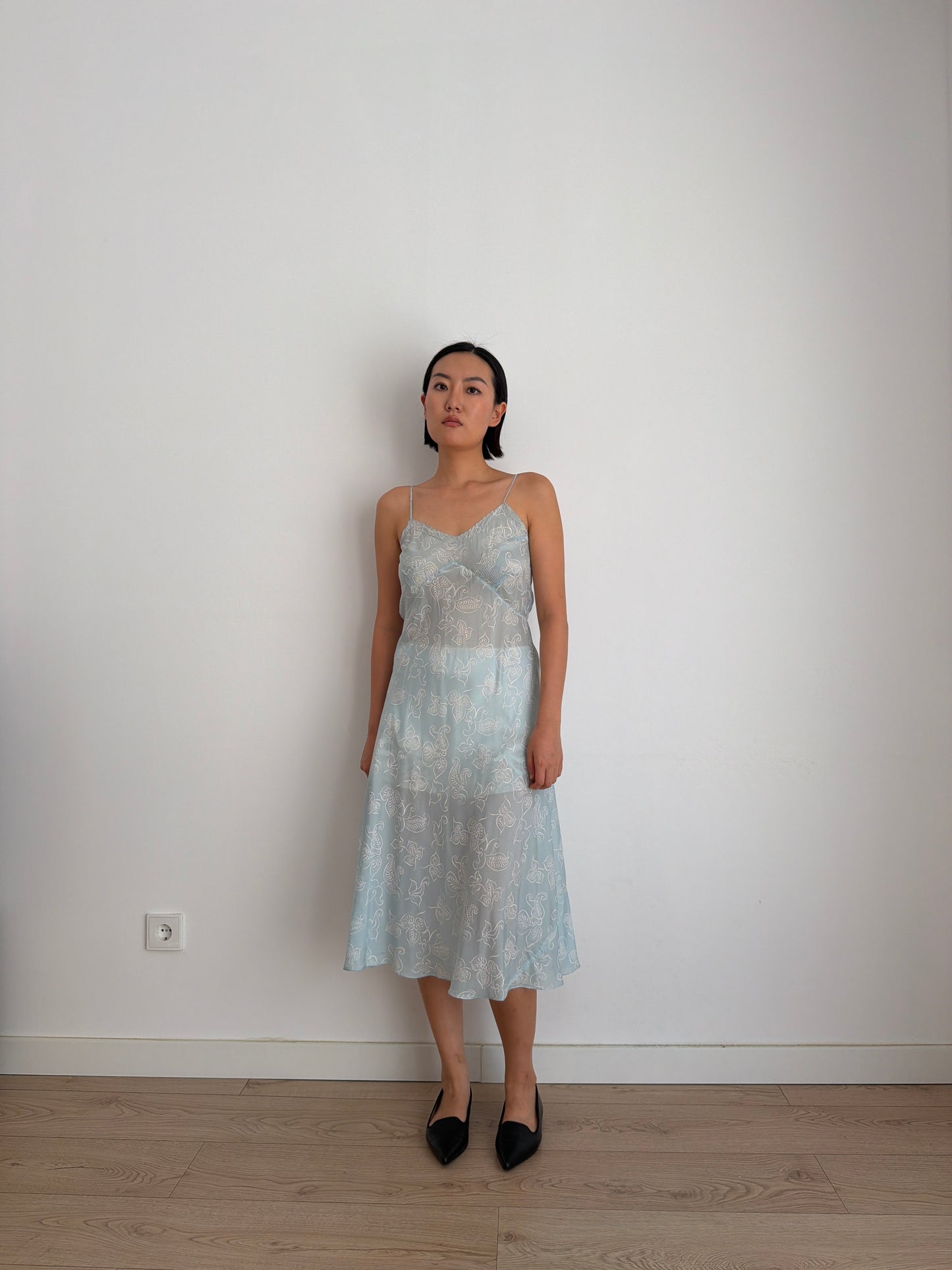 1930s Blue Silk Slip Dress, Sheer Floral Print Bias Cut Midi Dress
