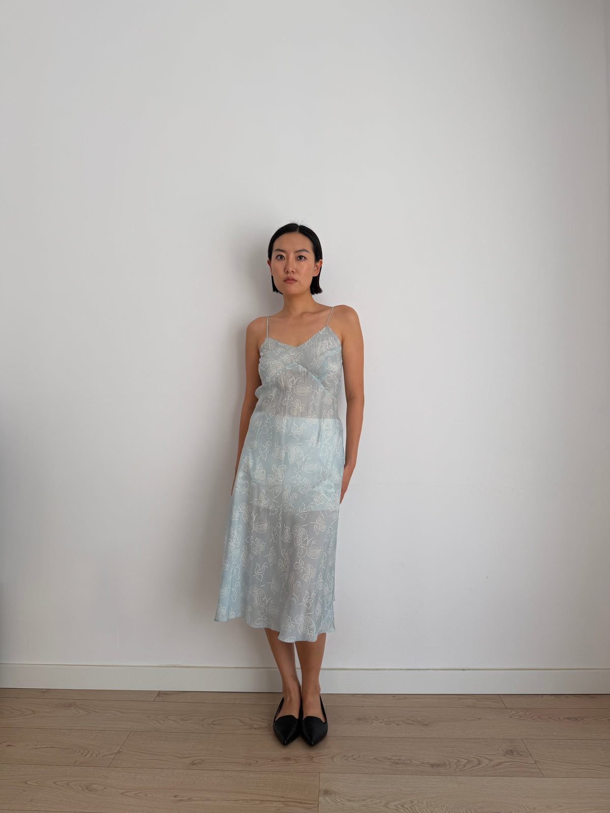 1930s Blue Silk Slip Dress, Sheer Floral Print Bias Cut Midi Dress
