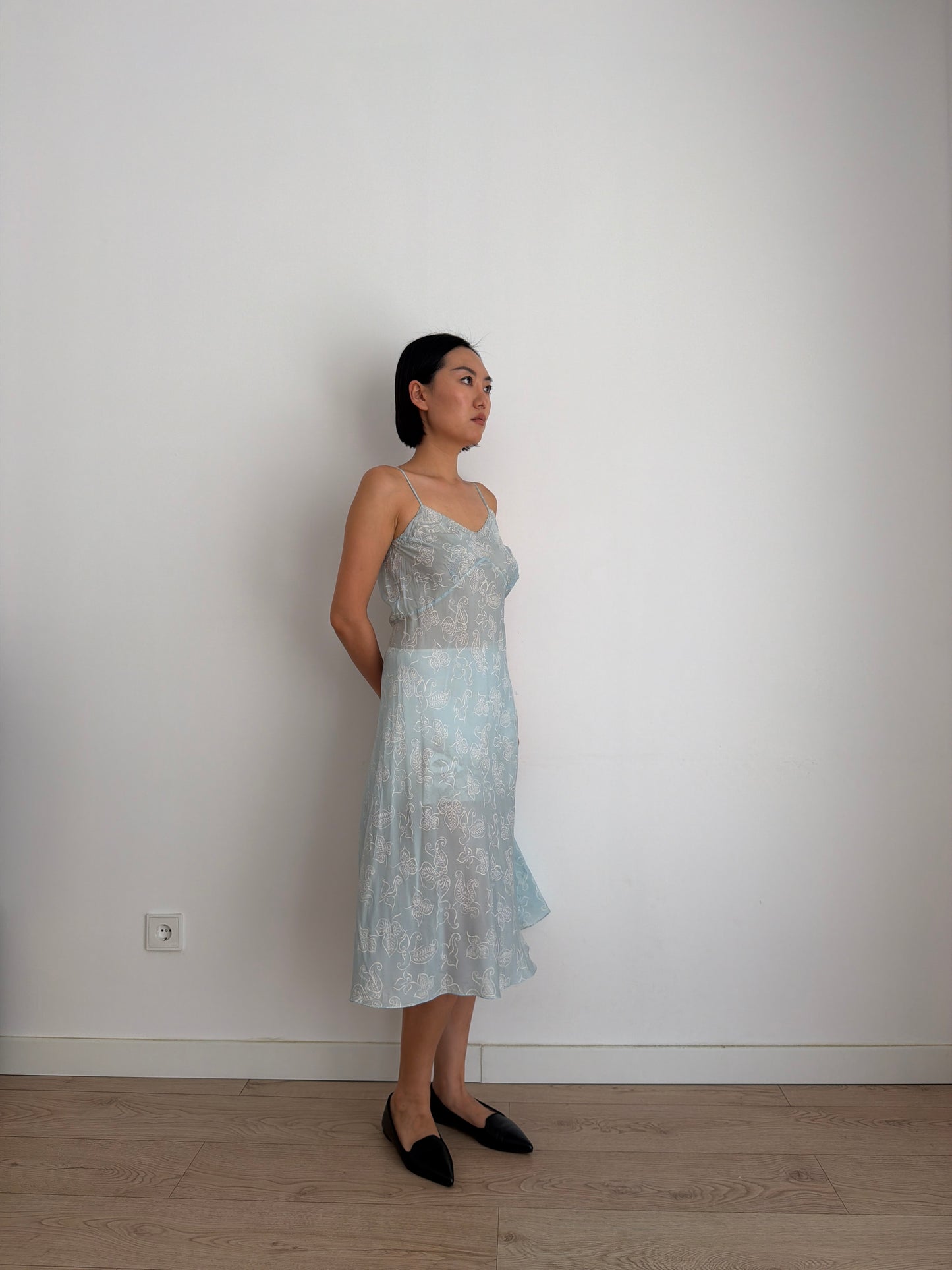 1930s Blue Silk Slip Dress, Sheer Floral Print Bias Cut Midi Dress
