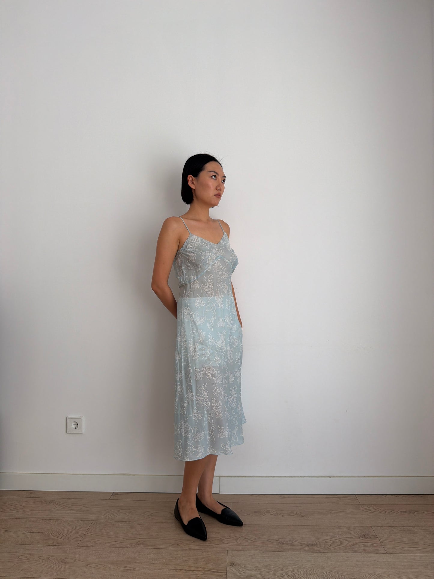 1930s Blue Silk Slip Dress, Sheer Floral Print Bias Cut Midi Dress