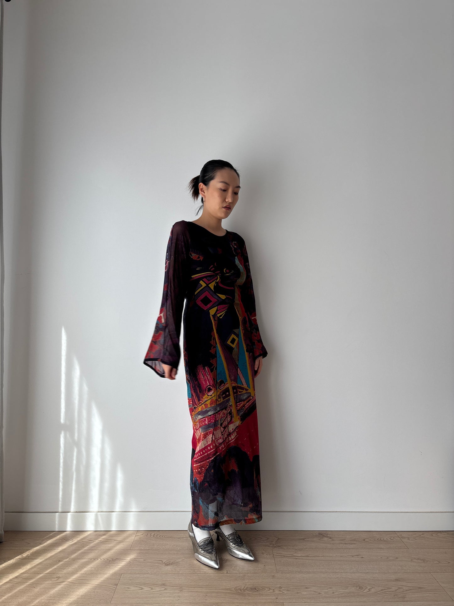 1990s Vintage Y2K Save The Queen Long Sleeves Maxi Dress in Size M