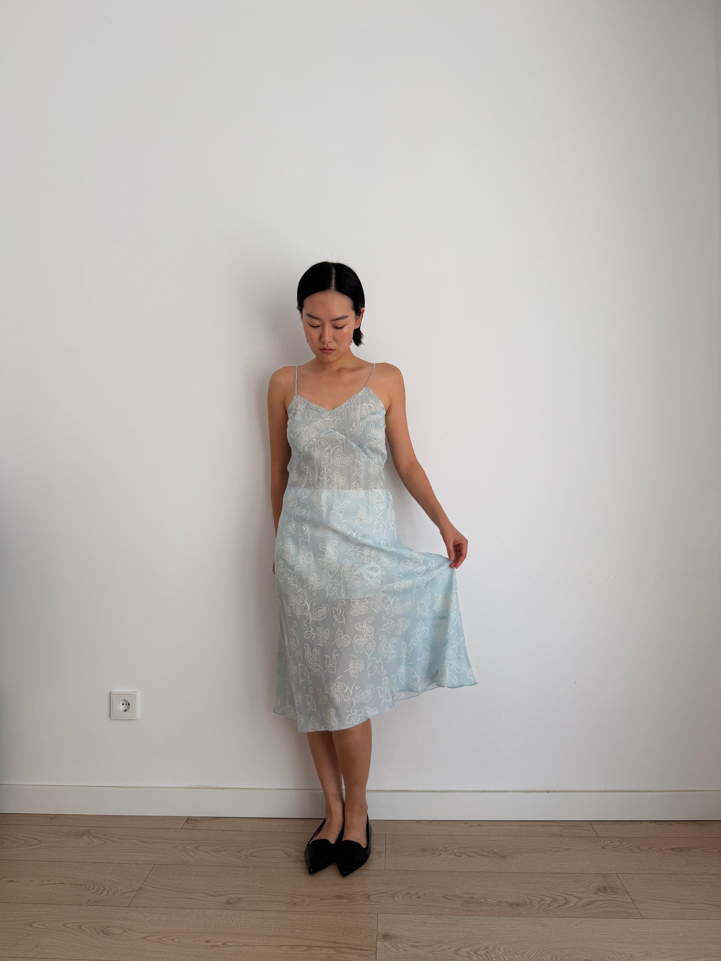 1930s Blue Silk Slip Dress, Sheer Floral Print Bias Cut Midi Dress