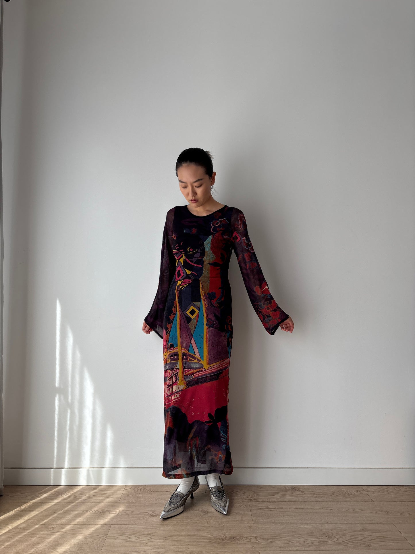 1990s Vintage Y2K Save The Queen Long Sleeves Maxi Dress in Size M