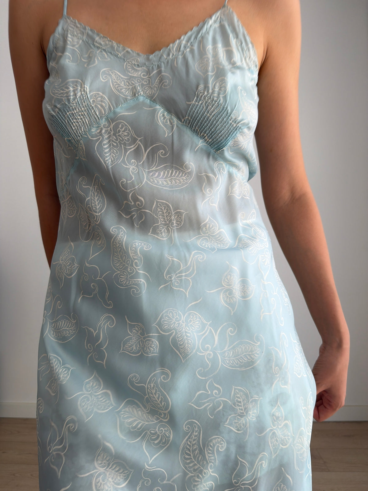 1930s Blue Silk Slip Dress, Sheer Floral Print Bias Cut Midi Dress