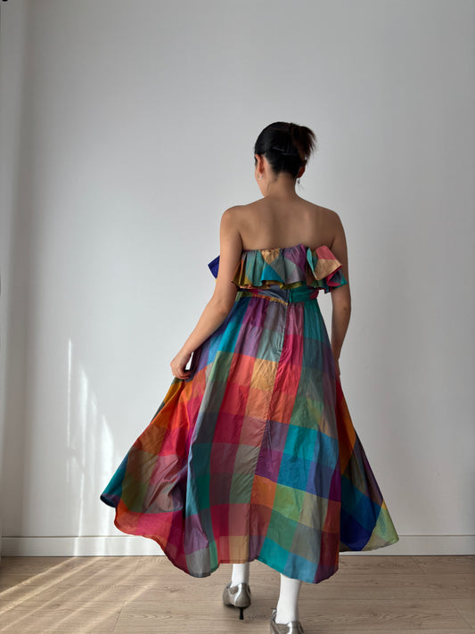 1950s Vintage Rainbow Plaid Silk Couture Dress, Multi-Color Pure Silk Retro Evening Gown